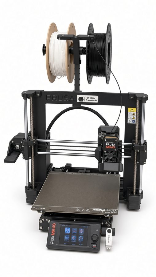 3D-Drucker mit zwei Filamentrollen, beheiztem Druckbett und Bedienfeld.